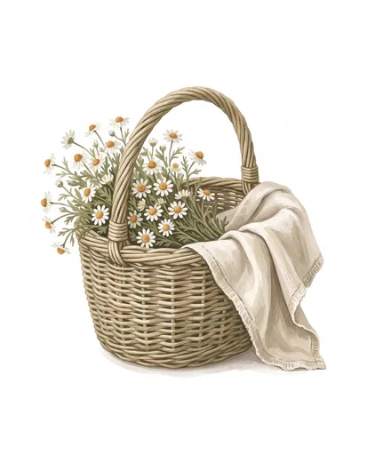 Wicker Basket with Chamomile Flowers Illustration
