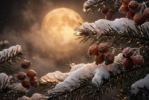 Snowy Evergreen Branches Under Amber Full Moon