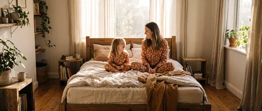 Mother and Daughter in Matching Floral Pajamas