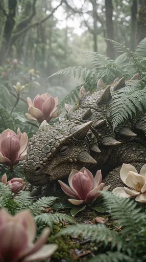Resting Ankylosaurus Among Prehistoric Magnolia Blossoms