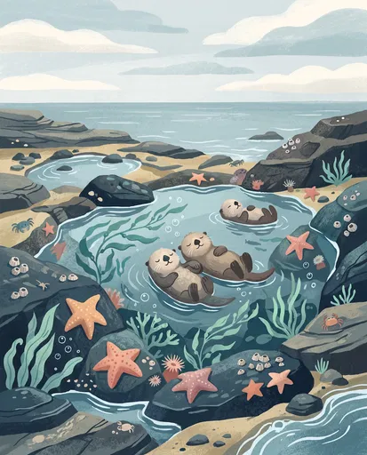 Cute Sea Otters in Coastal Tidepool Illustration