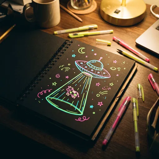 Neon UFO Drawing on Black Sketchbook