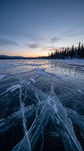 Frozen Lake Cracked Ice at Dusk