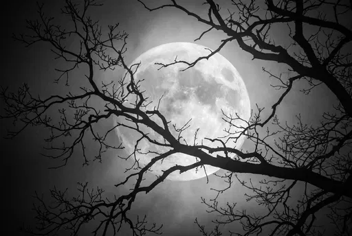 Bare Branches Silhouetted Against Full Moon