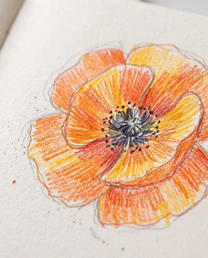 Colored Pencil Poppy Sketch on Paper