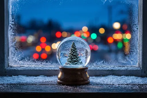 Snow Globe on Frosted Windowsill at Dusk