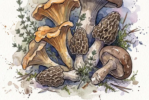 Watercolor Wild Mushrooms and Thyme Illustration