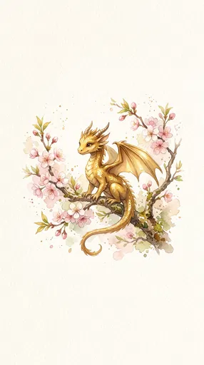 Watercolor Golden Dragon on Cherry Branch