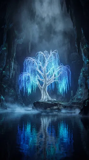 Bioluminescent Weeping Tree in Underground Cavern