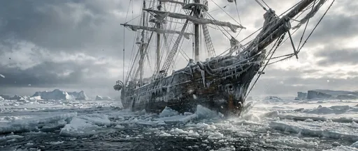 Ice-Encrusted Wooden Ship in Arctic Pack Ice