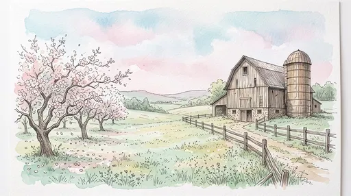 Watercolor Spring Farmstead with Blossoming Orchard