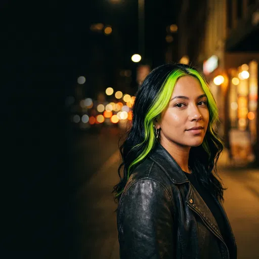 Woman With Neon Green Highlights At Night