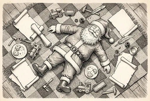 Sleeping Santa Flat Lay Ink Illustration