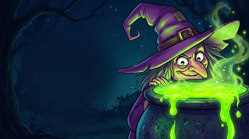 Cartoon Witch Behind Bubbling Green Cauldron