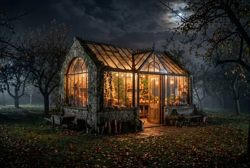 Glowing Stone Greenhouse in Night Orchard