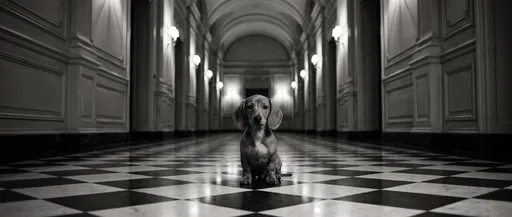 Dachshund Puppy in Grand Monochrome Hallway