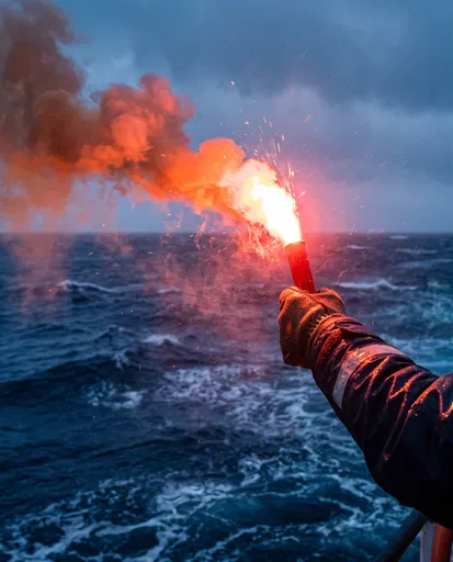 Hand Holding Burning Marine Distress Flare