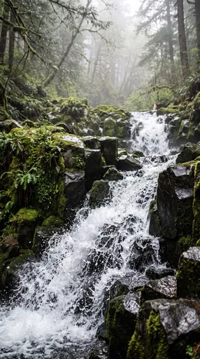 Cascading Waterfall in Misty Mossy Forest