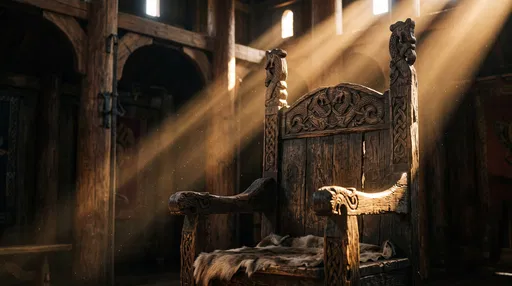 Carved Nordic Timber Throne in Sunlit Hall