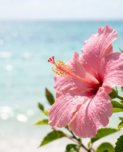 Pink Hibiscus Flower by the Ocean