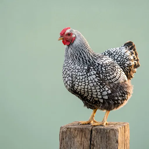 Silver Laced Wyandotte Hen on Wooden Block