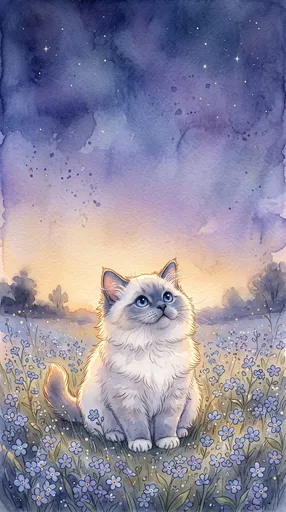 Watercolor Ragdoll Kitten in Twilight Meadow