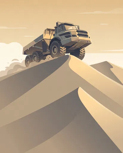 Dump Truck Cresting Sand Dune Illustration