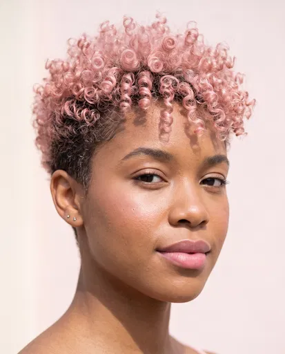 Woman With Pastel Pink Curly Pixie Cut