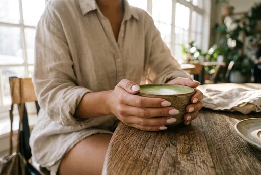 Woman Holding Matcha Cup in Cafe