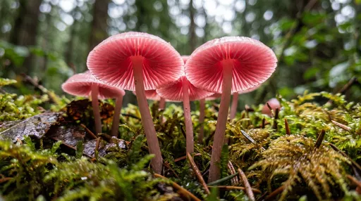 Pink Woodland Mushrooms on Forest Moss