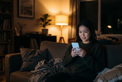 Woman Grimacing at Smartphone at Night