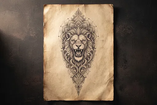 Roaring Lion Mandala Tattoo on Parchment