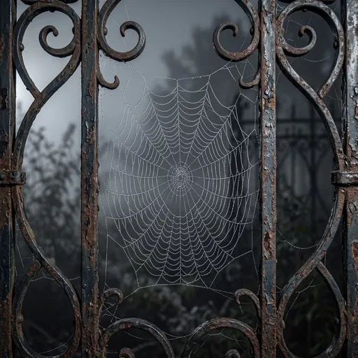 Spiderweb on Rusted Gothic Iron Gate