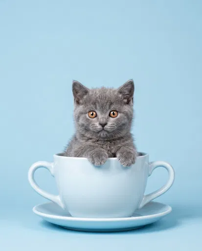 Grey Kitten Sitting in Blue Cup