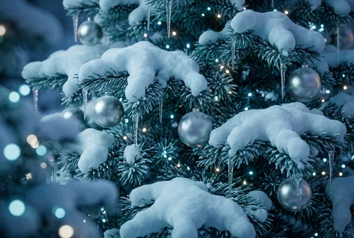 Snowy Christmas Tree With Silver Ornaments