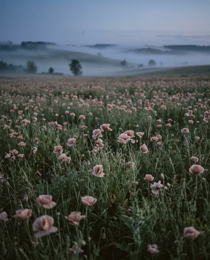 Misty Meadow of Pale Pink Poppies