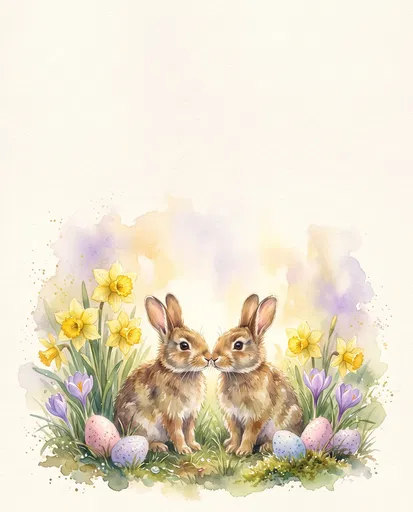 Watercolor Easter Rabbits With Spring Flowers