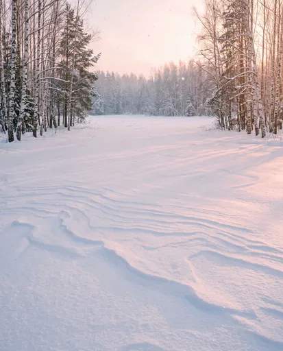 Snowy Birch Forest Clearing at Sunset