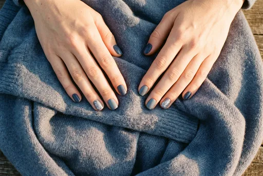 Autumn Manicure on Slate Blue Sweater