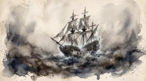 Ghostly Galleon in Dark Mist Watercolor