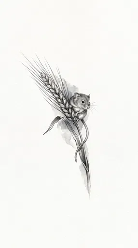 Monochrome Illustration of Mouse on Wheat