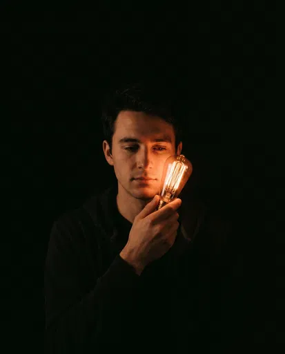 Young Man Holding Glowing Filament Bulb