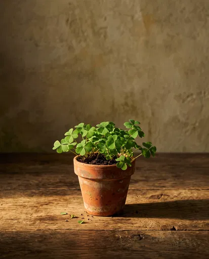 Potted Green Shamrocks on Wooden Table