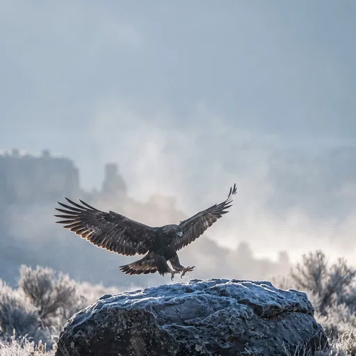 Eagle Landing on Frosted Desert Boulder