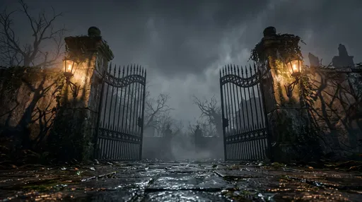 Spooky Open Iron Gate on Foggy Night