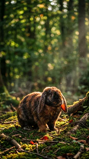 Tortoiseshell Lop Rabbit in Sunlit Forest