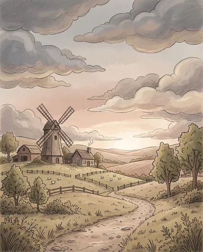 Storybook Countryside Farm and Windmill Illustration