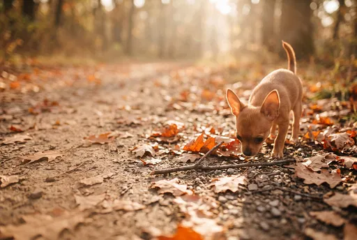 Chihuahua Puppy Sniffing Autumn Forest Trail
