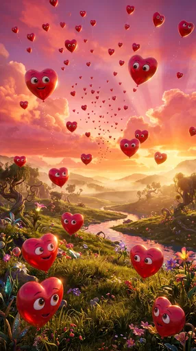 Cartoon Heart Balloons Over Sunset Meadow