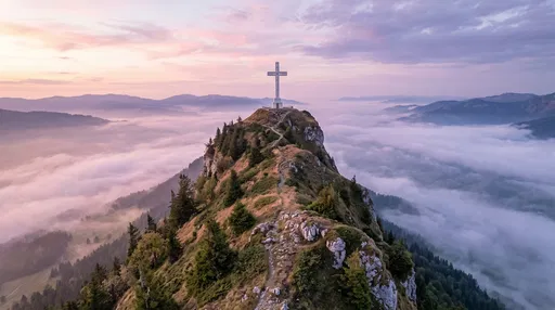White Cross on Misty Mountain Peak